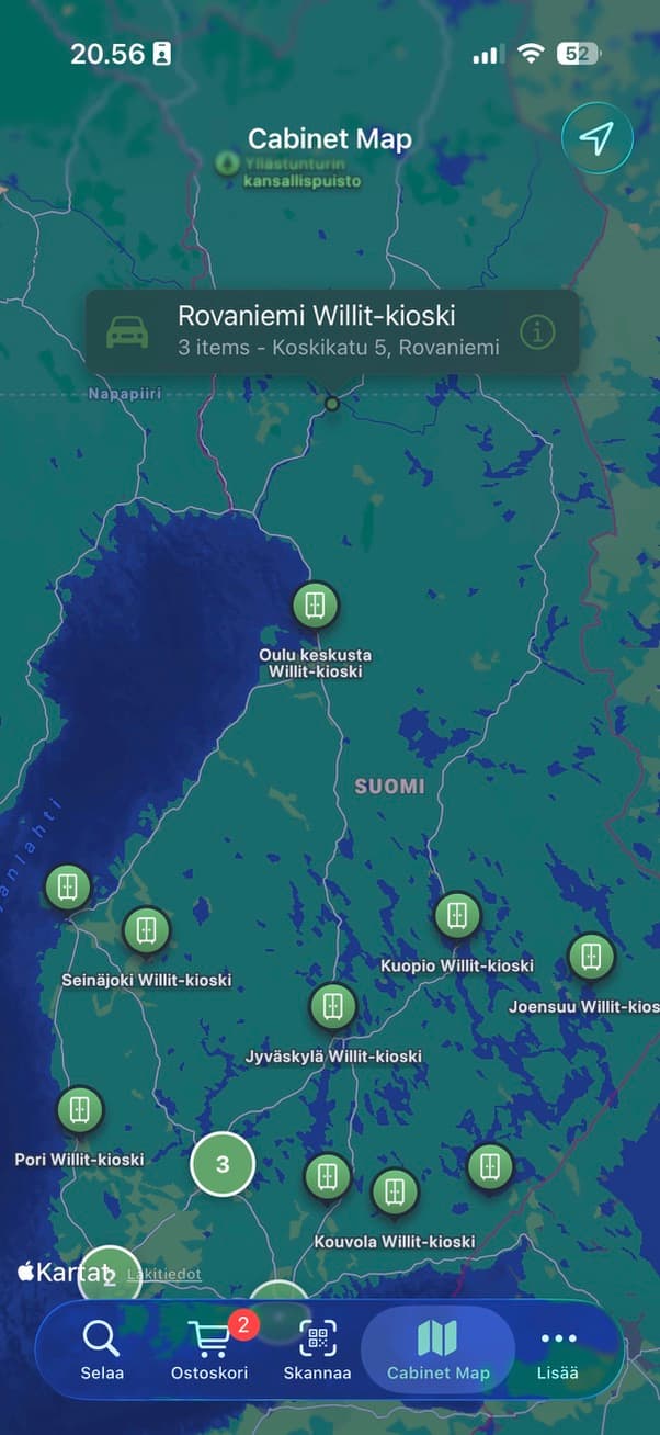 Willit-sovelluksen karttanäkymä, jossa näkyy noutokaappien sijainnit ympäri Suomen