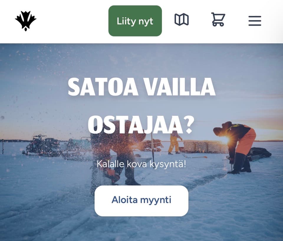 Willit.fi tuottajan näkymä: pilkkijä jäällä ja teksti "Satoa vailla ostajaa?"